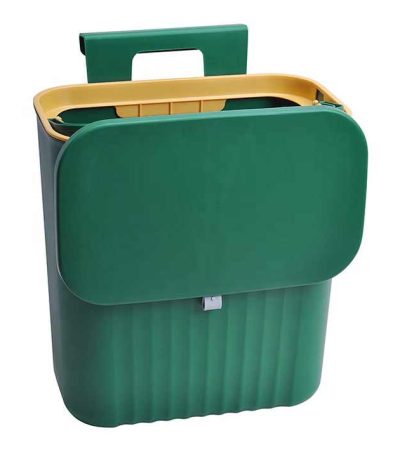 grow24-Collage showing a compact hanging kitchen trash can with lid being attached to a cabinet door, close‑ups of the PP plastic bin, hook detail, and 9L size dimensions