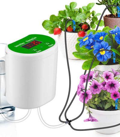 grow24-Collage showing a USB‑rechargeable automatic drip irrigation controller with LCD timer, adjustable 8‑hole dripper stakes, installation steps, and included hoses and USB cable watering potted plants on a balcony