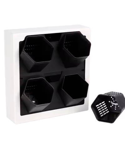 grow24-White square wall mounted planter with four black hexagon pots and example photos of flower arrangements used as indoor wall décor
