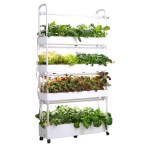 grow24-Tall white 4-tier hydroponic vegetable planter on wheels with LED grow lights, water tanks, labeled parts, and small photos showing plants growing in the system