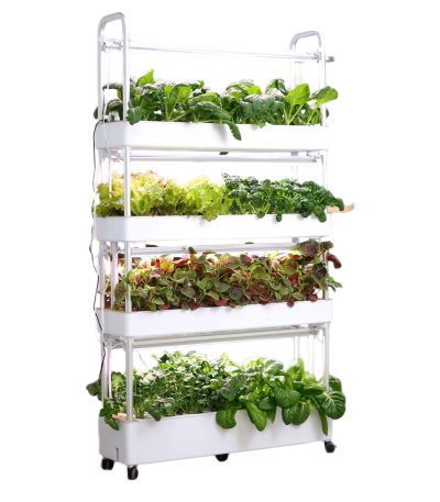 grow24-Tall white 4-tier hydroponic vegetable planter on wheels with LED grow lights, water tanks, labeled parts, and small photos showing plants growing in the system