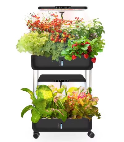 Grow24-Large black hydroponic indoor garden on wheels with full-spectrum LED light panel and lush green plants growing above a 10L water tank