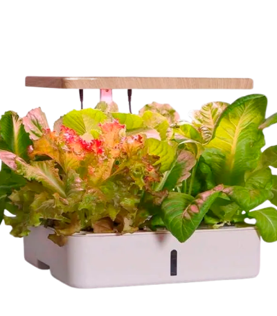 grow24-Collage showing a smart hydroponic countertop garden with pink LED grow light, leafy plants, 16H timer graphic, automatic water circulation pump, large water tank, and touch control panel