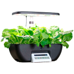 grow24-Infographic of a black smart countertop hydroponic garden showing sunlight‑bionic LED board, touch control panel, adjustable lamp height, built‑in fan, 17 planting holes, and example setups in kitchen, office, living room, and bedroom